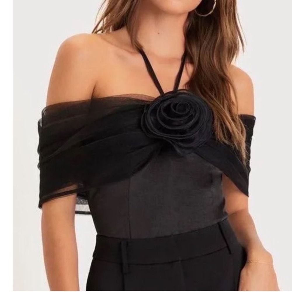 NWT Lulus Off-The-Shoulder Mesh
Rosette Bodysuit Halter Medium